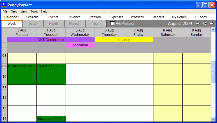 Events displayed on the Week calendar