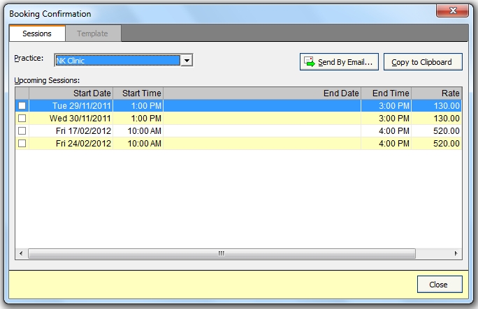 Selecting the sessions for a booking confirmation