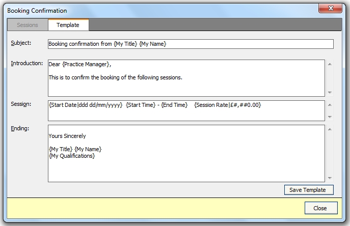 Template for emailing for a booking confirmation