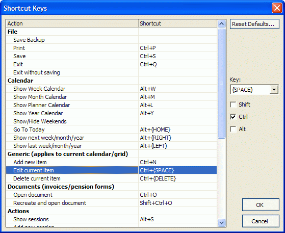 Dialogue for setting shortcut keys